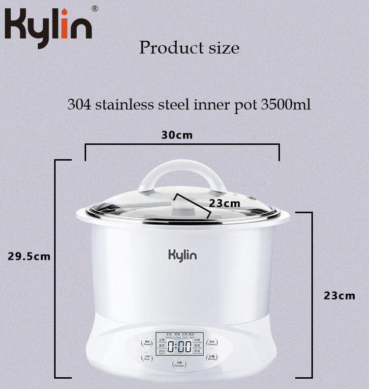 Kylin Electric Slow Cooker Stainless Steel Ceramic Pot Steamer 2.2L With 3 Containers AU-K1022