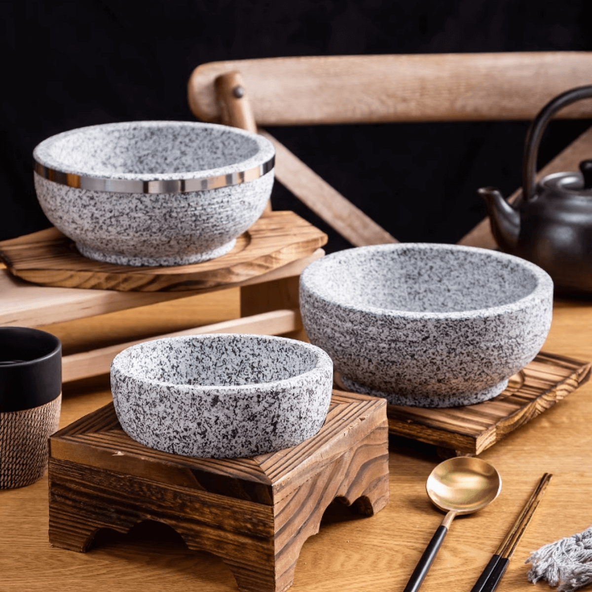 Korean Natural Stone Bowl Wood Trivet 14cm