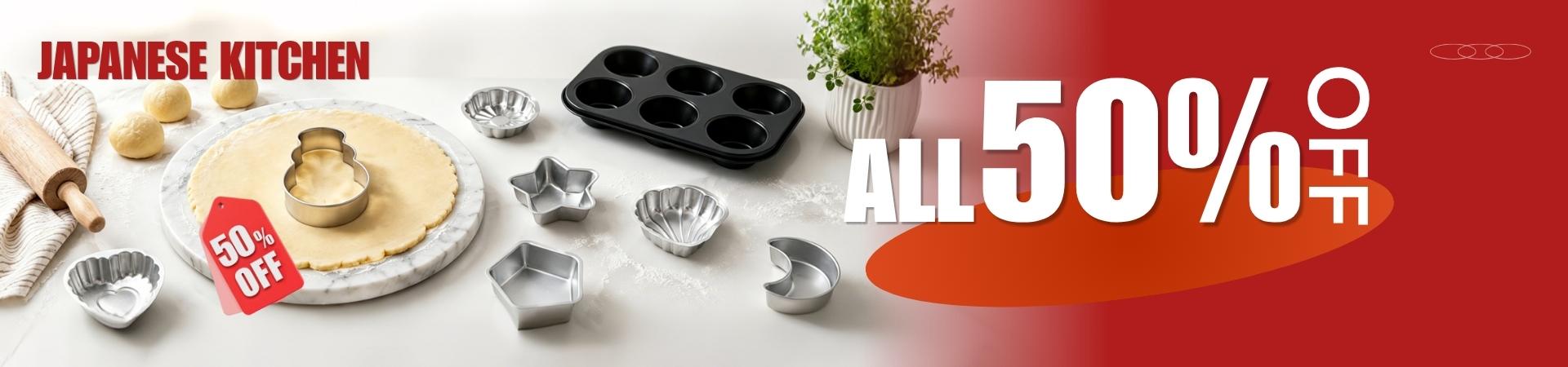 Promotional banner for Japanese kitchen items with 50% off text on a white background.