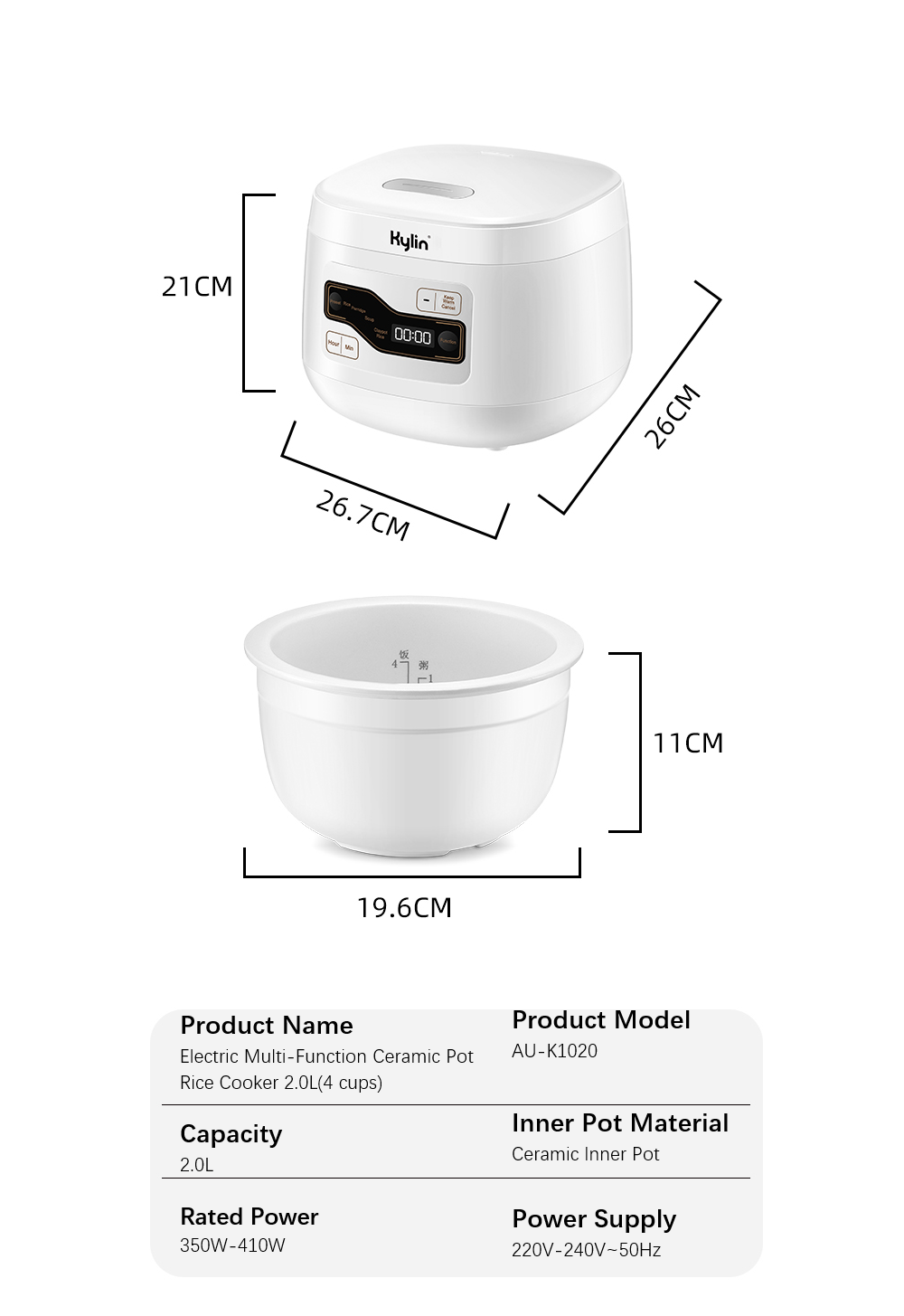 Kylin Electric No Coating Ceramic 4 Cups Rice Cooker 2L White AU-K1020