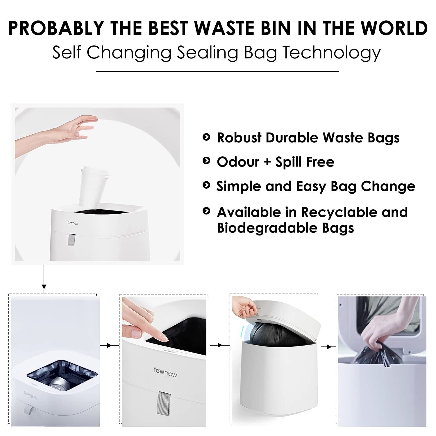 Townew T-Air Lite Rubbish Bin Automatic Trash Can 16.3L - White