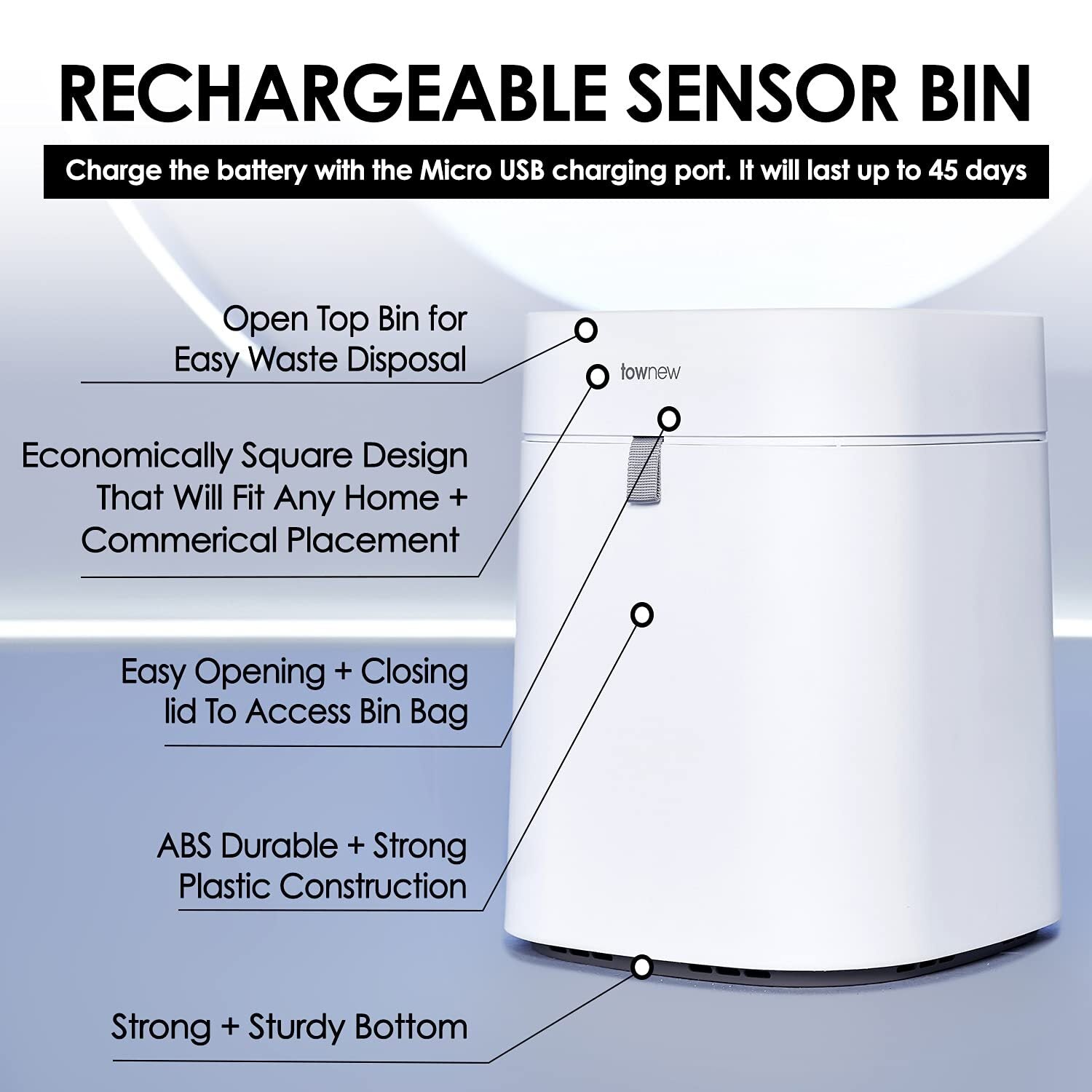 Townew T-Air Lite Rubbish Bin Automatic Trash Can 16.3L - White
