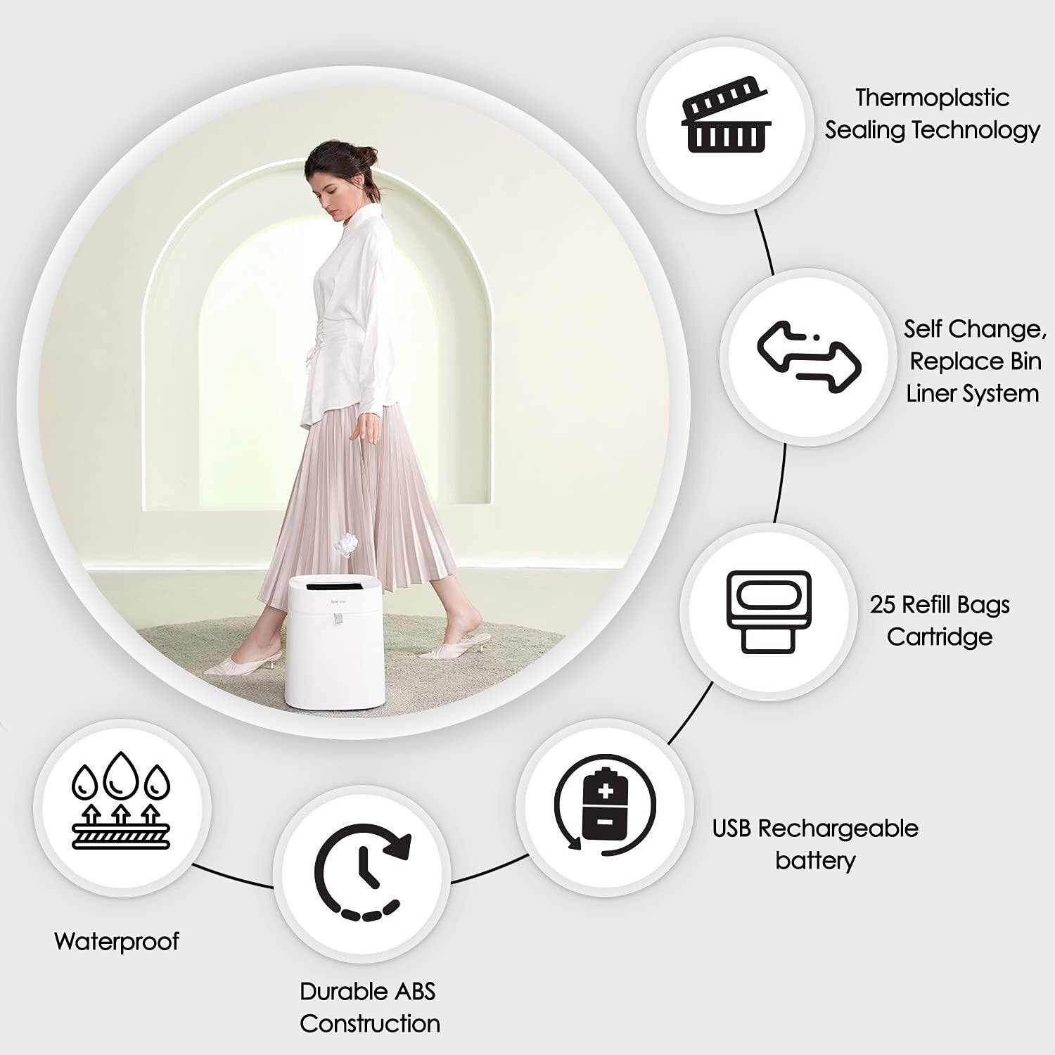 Townew T-Air Lite Rubbish Bin Automatic Trash Can 16.3L - White
