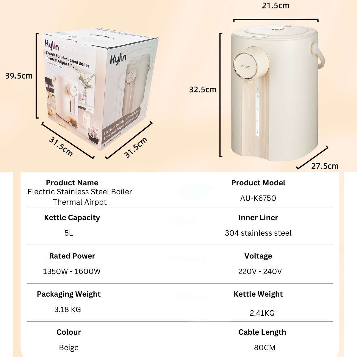 Kylin Electric Thermal Airpot/Instant Hot Water Dispenser 5.0L AU-K6750