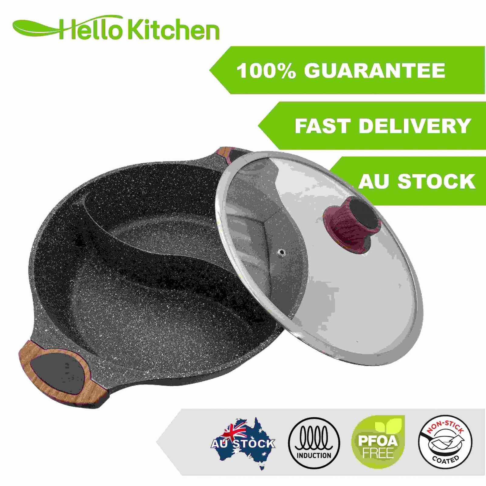 Hello Kitchen Non-stick Marble Divided Steamboat Hot Pot 30cm