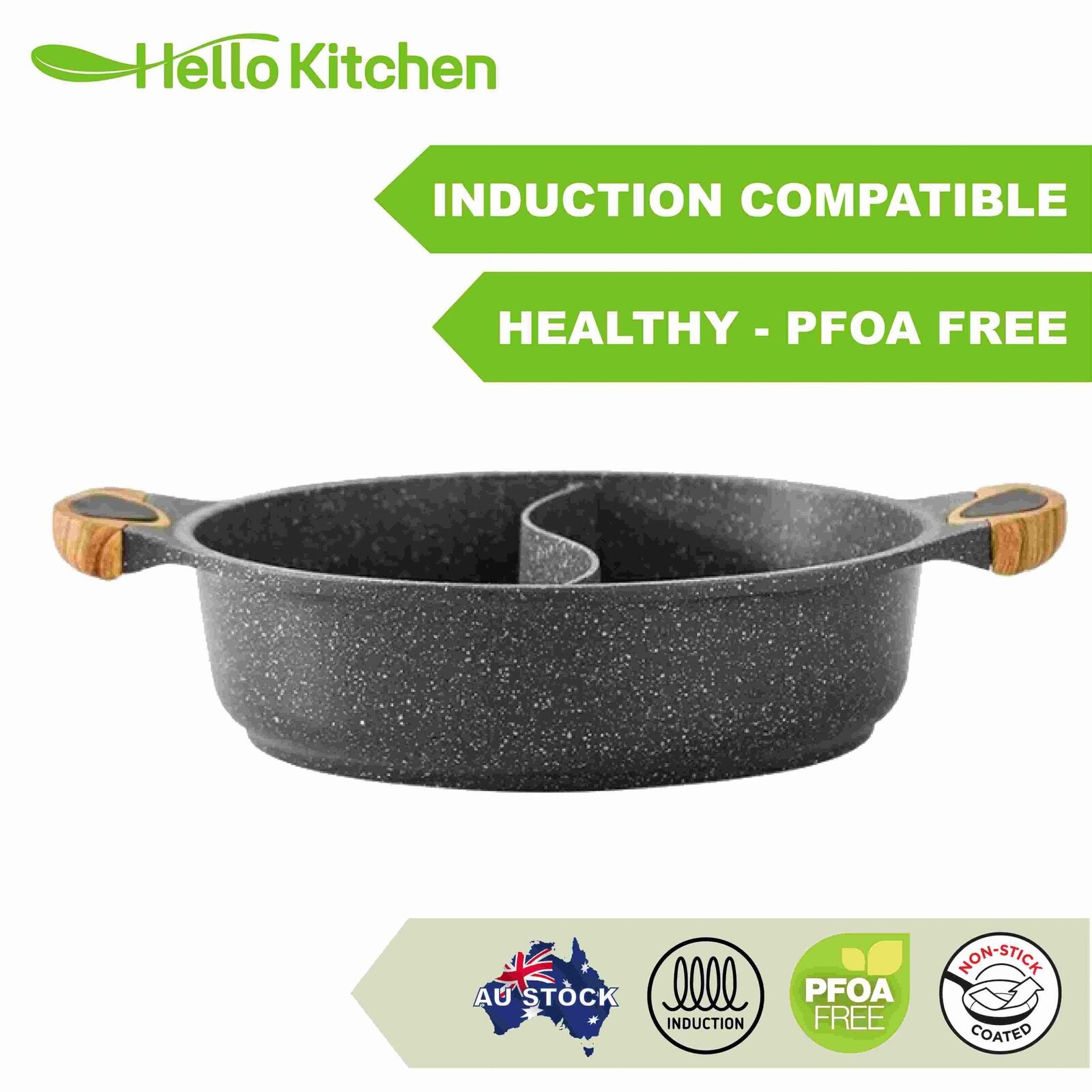 Hello Kitchen Non-stick Marble Divided Steamboat Hot Pot 30cm