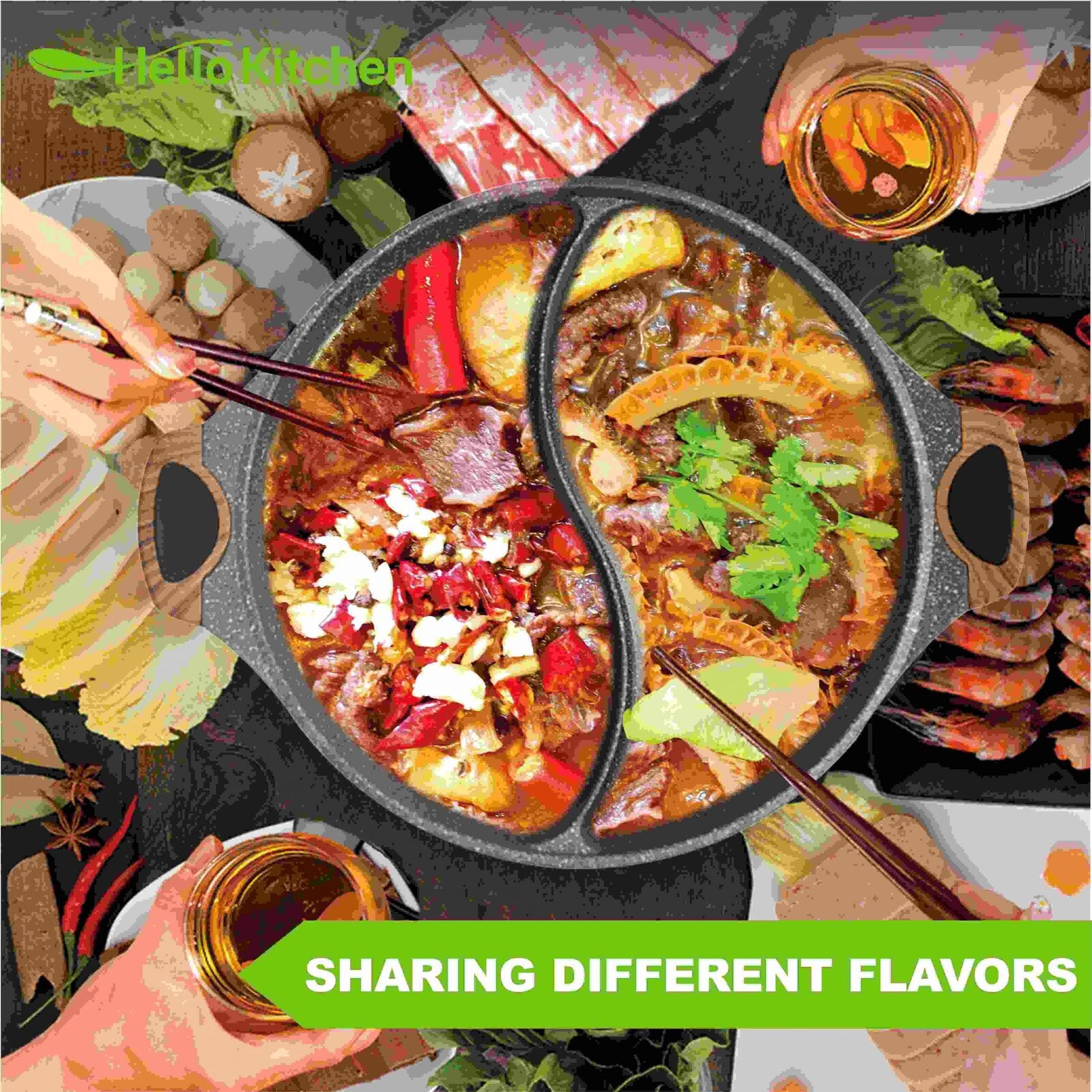 Hello Kitchen Non-stick Marble Divided Steamboat Hot Pot 30cm
