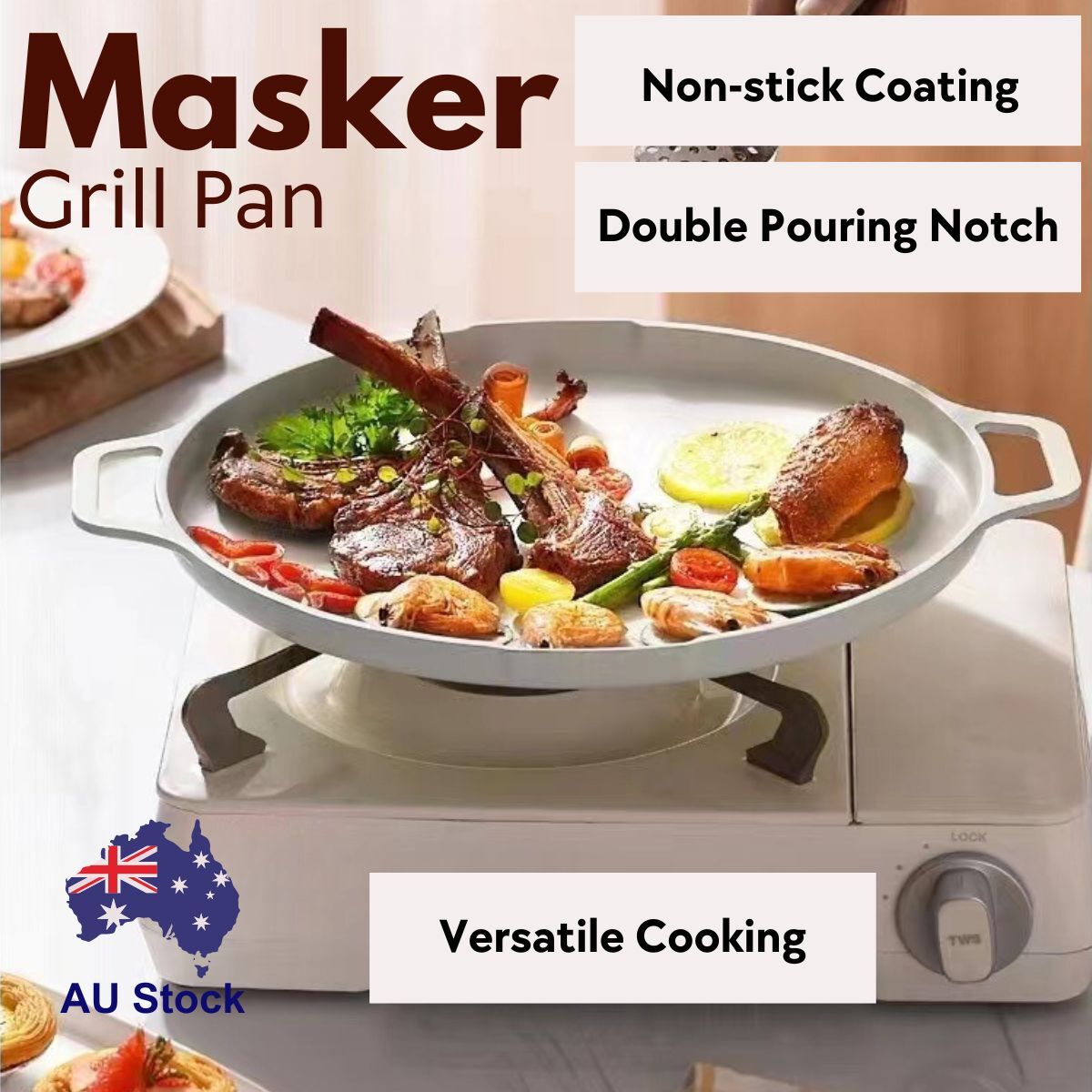 Masker BBQ Grill Pan 30cm with Heat Resistant Handles - White