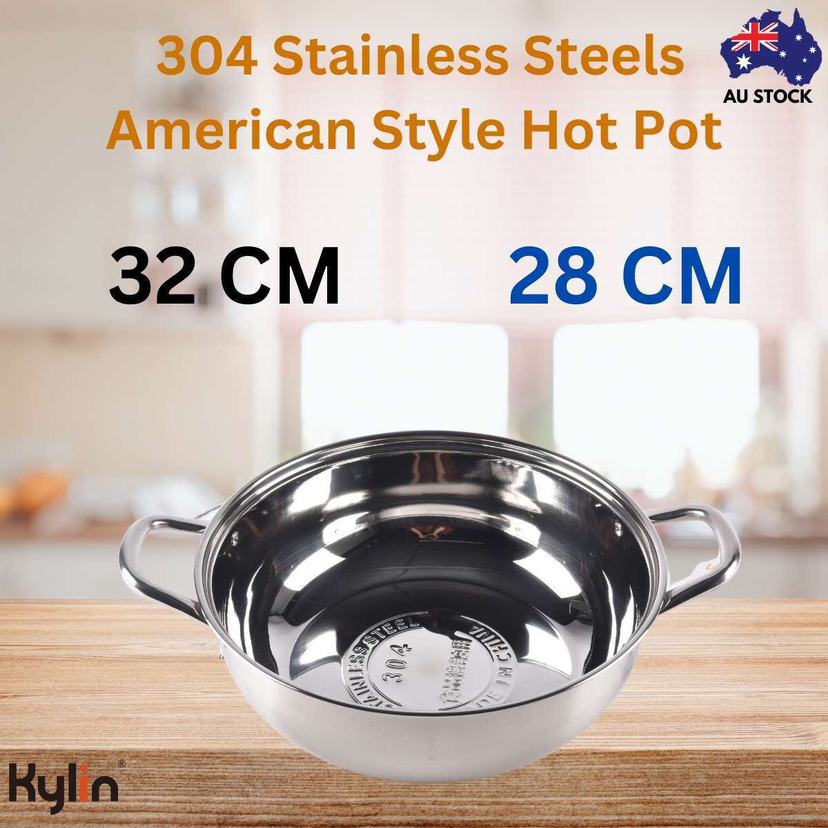Kylin 304 Stainless Steels Shabu Single American Style Hot Pot, Cooking Pot 28cm
