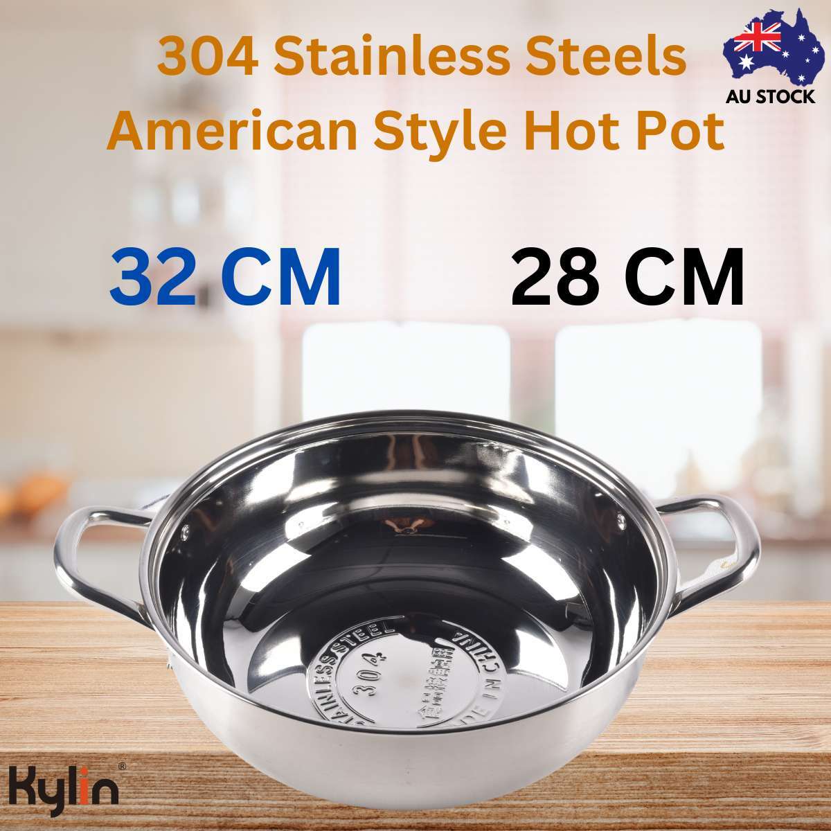 Kylin 304 Stainless Steels Shabu Single American Style Hot Pot, Cooking Pot 32cm