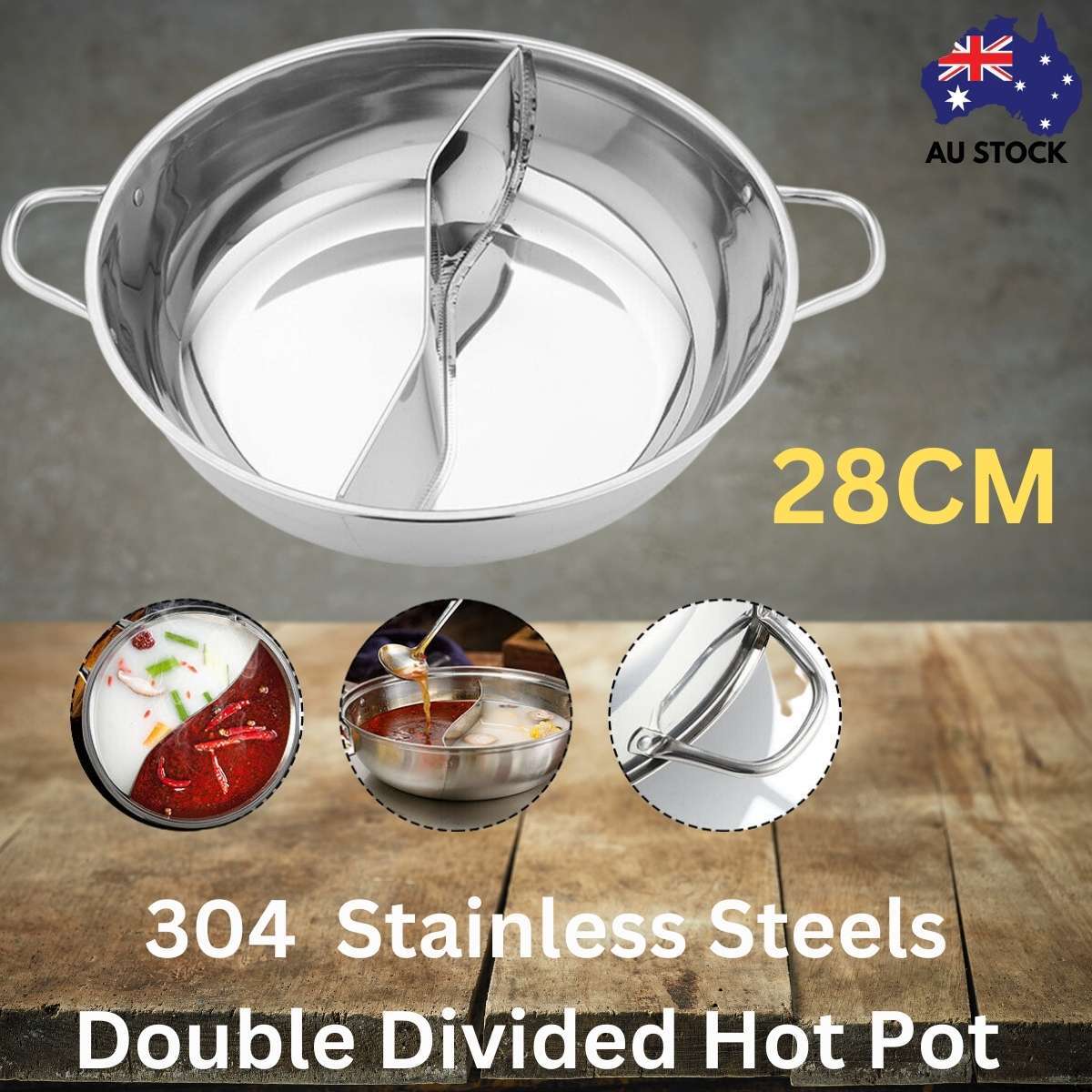 Kylin 304 Stainless Steels American Style Double Divided Hot Pot 28cm
