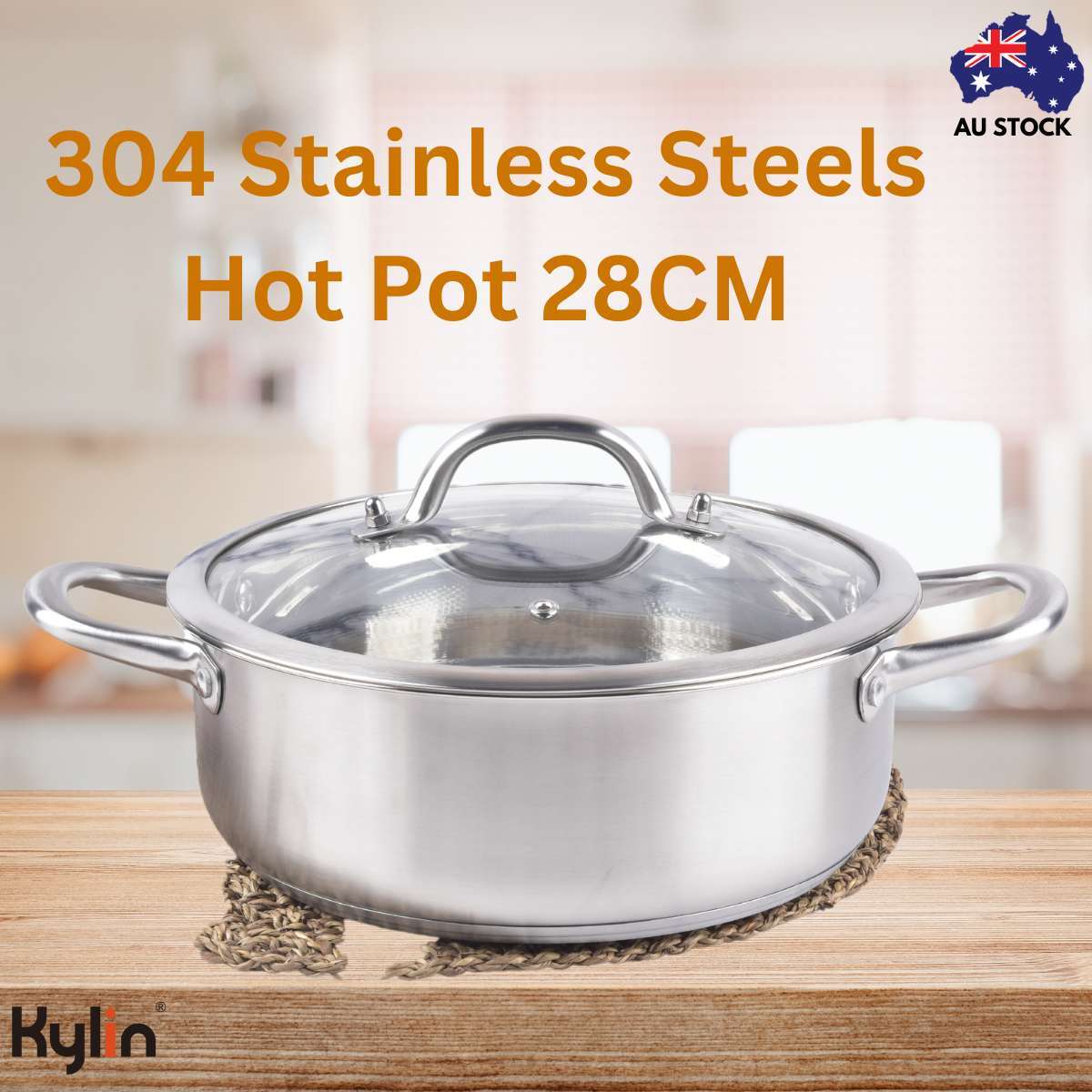 Kylin 304 Stainless Steels Shabu Single Hot Pot, Cooking Pot With Lid 28CM