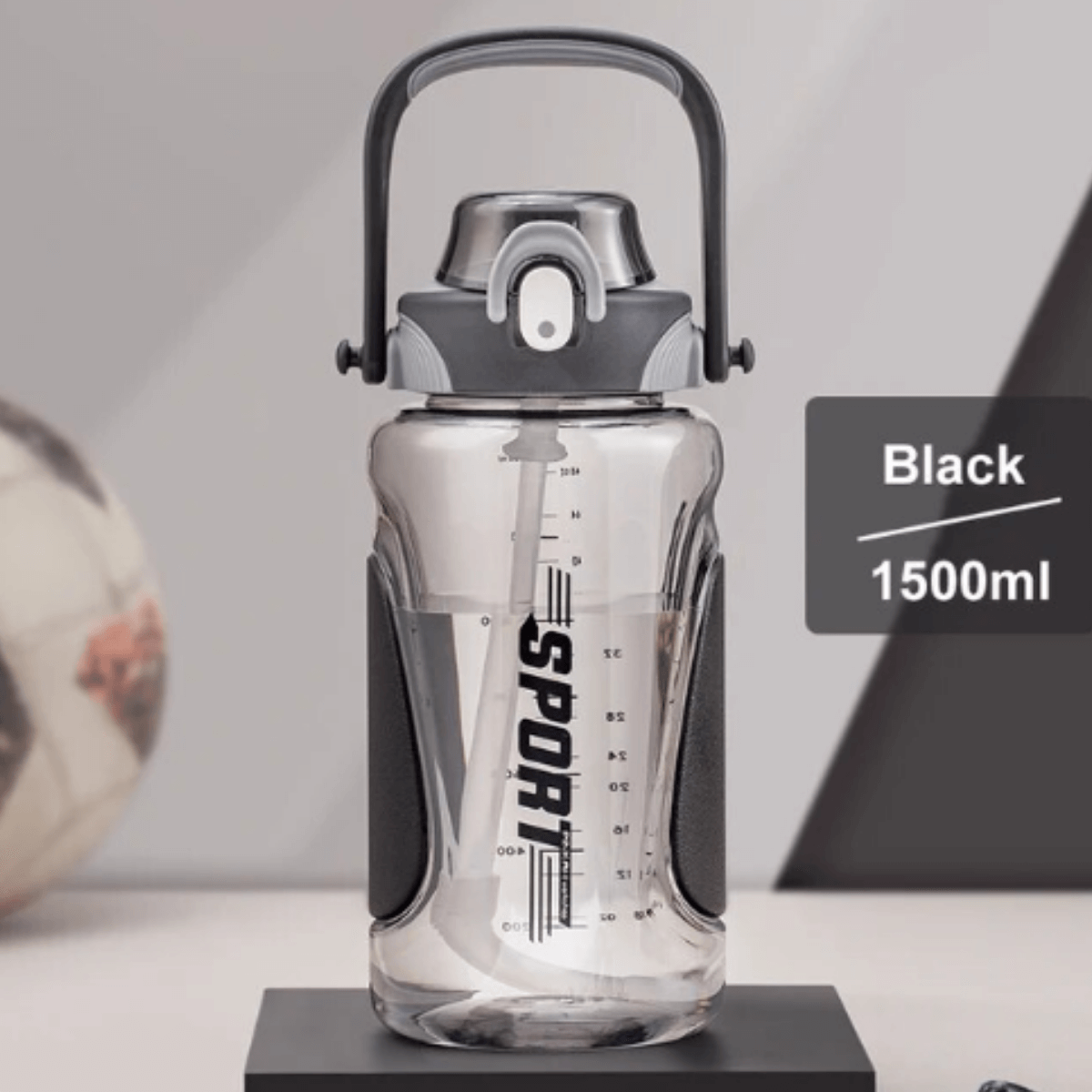 Pinkah PJ-776 1.5L Portable Tritan Sport Bottle With Straw - Black