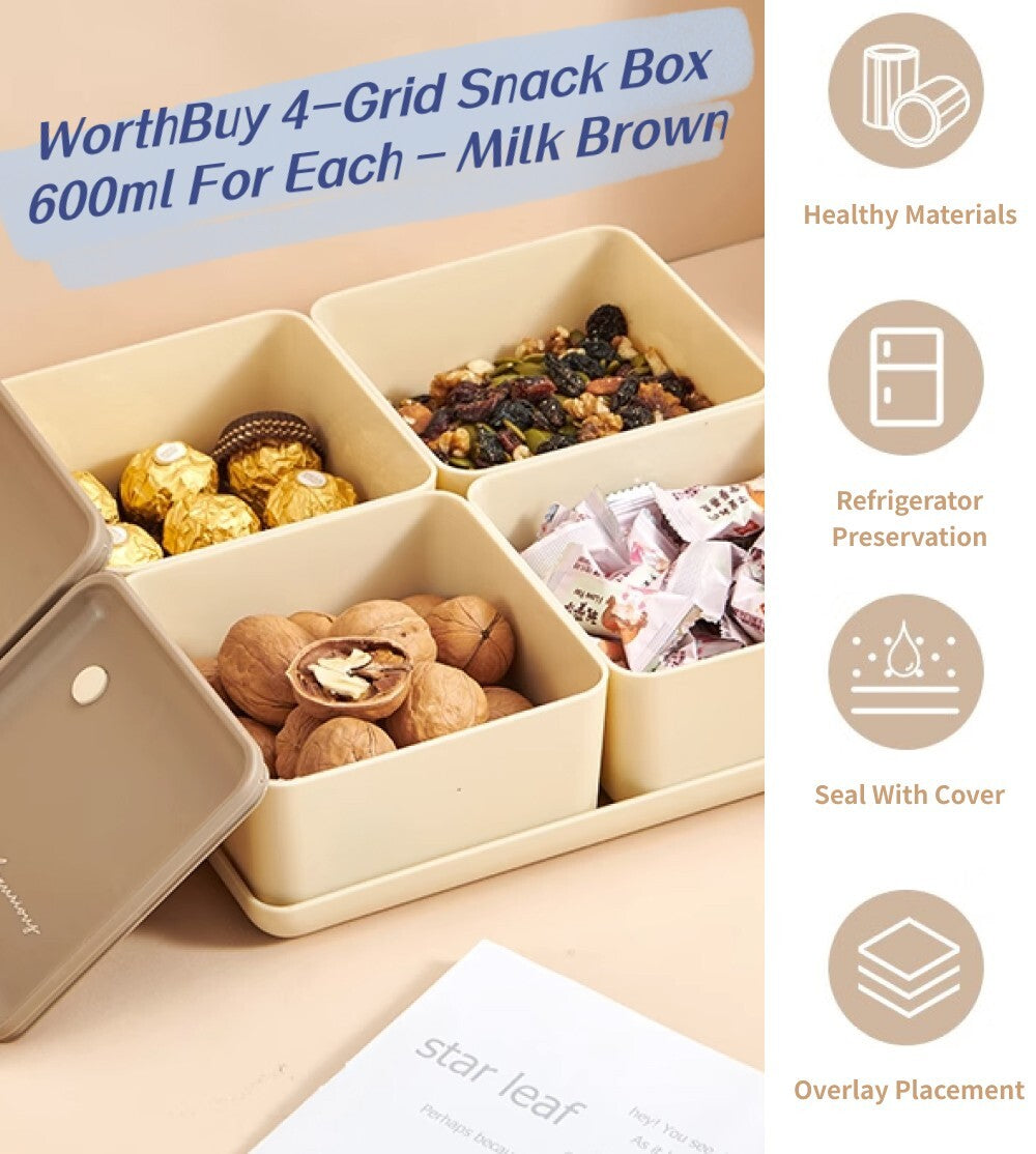 WorthBuy 4-Grid Snack Box 600ml For Each - Milk Brown