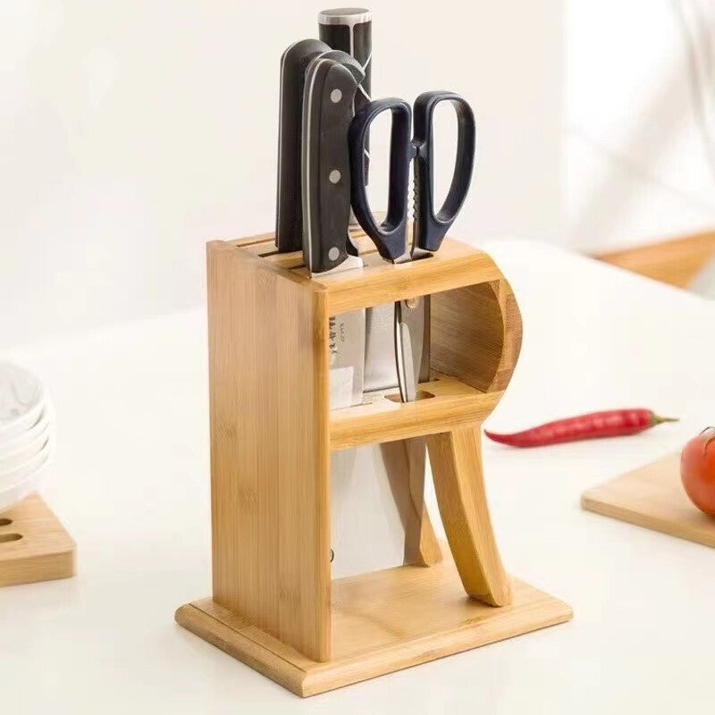 THRJ R-Shape Bamboo Knife Holder Rack Only Kitchen Storage 5193