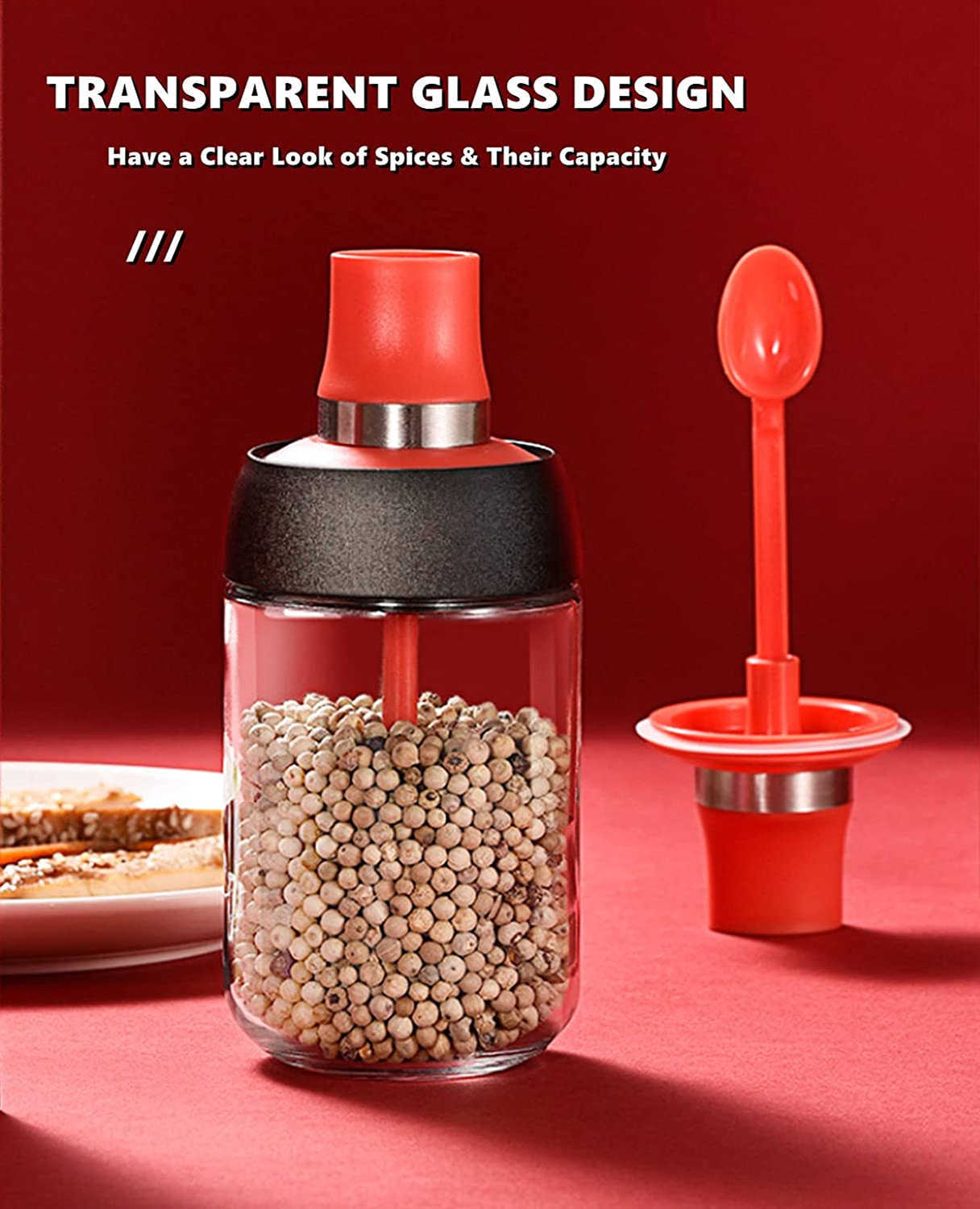 Robo Coco Spice Jug Seasoning Jar Spice Condiment Storage Container with Spoon 250ml - Coral Red