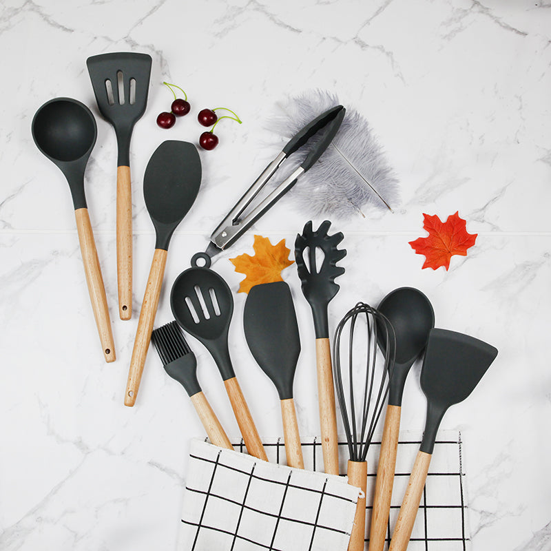 RongXian ZJ-XY006 Silicone Slotted Spoon Wooden Handle