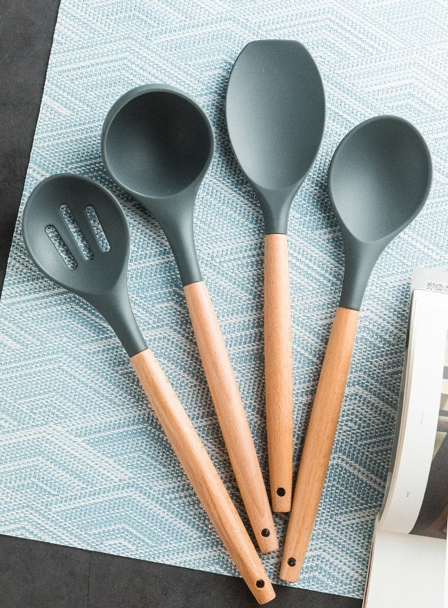 RongXian ZJ-XY006 Silicone Slotted Spoon Wooden Handle