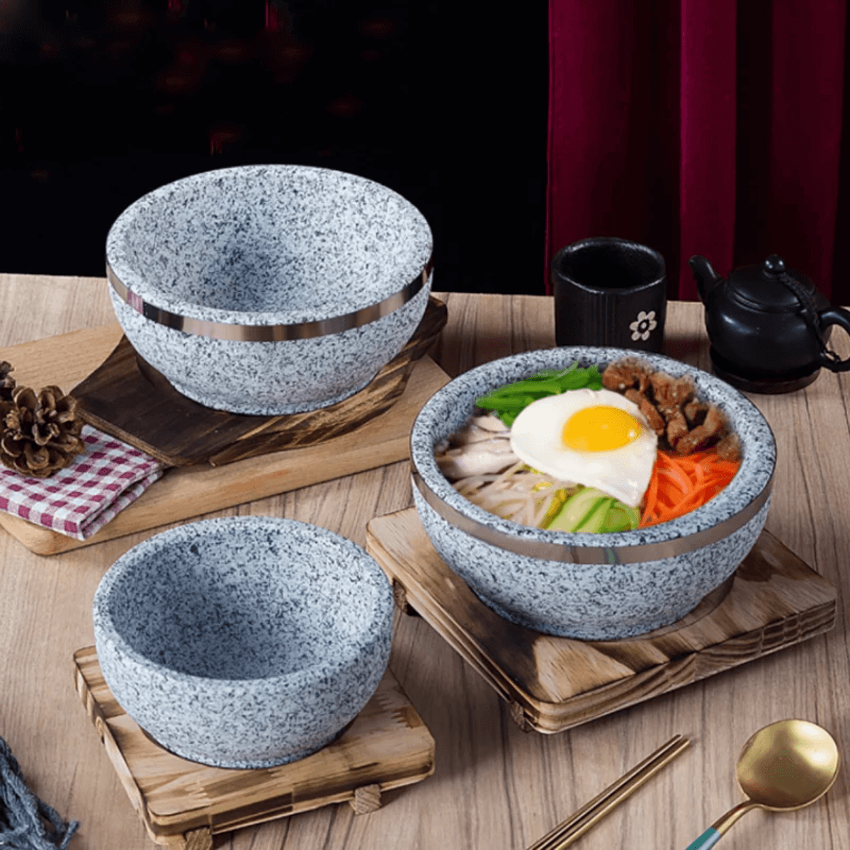 Korean Natural Stone Bowl Wood Trivet 16cm