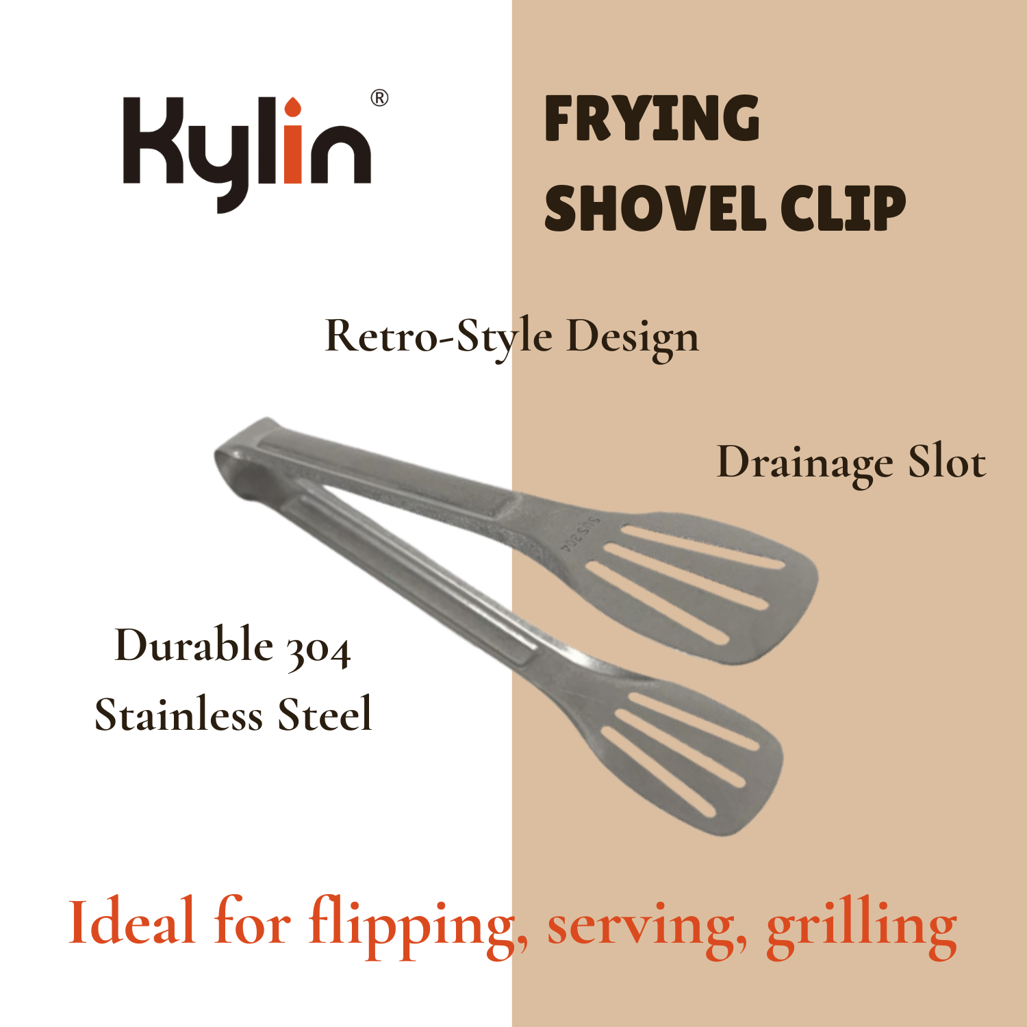 Kylin Retro-Style 304 Stainless Steel Tongs with Drainage Slots