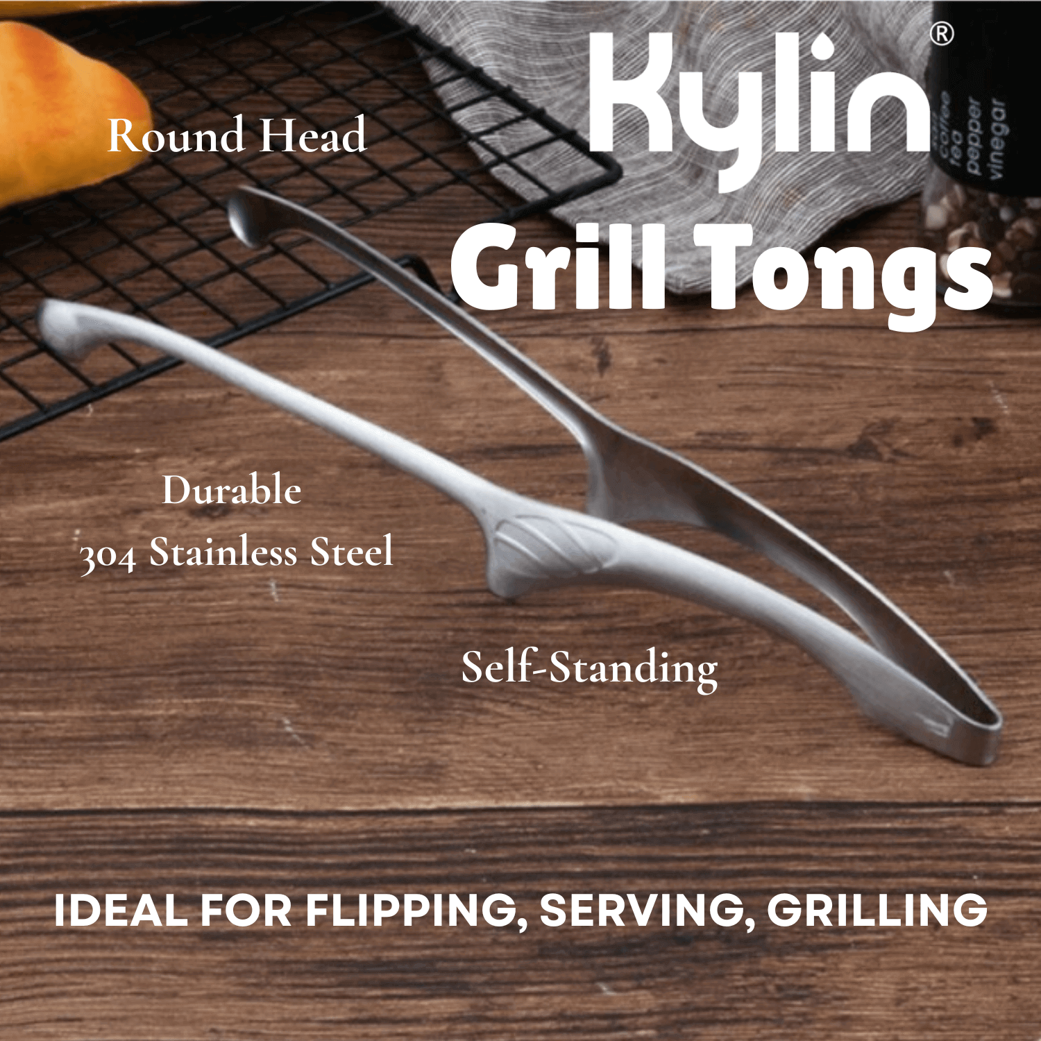 Kylin Korean Retro-Style Self-Standing Grill Tongs with Round Head