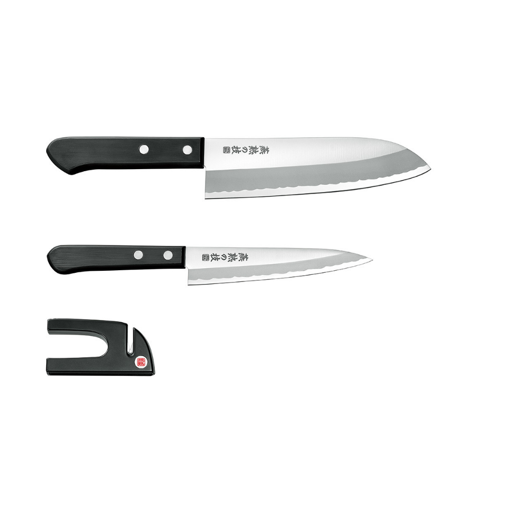 Yokoyama Santoku Kitchenware 3pc Set Knife - 16.5cm & Petty Knife 13.5cm & Mini Sharpener