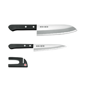 Yokoyama Santoku Kitchenware 3pc Set Knife - 16.5cm & Petty Knife 13.5cm & Mini Sharpener