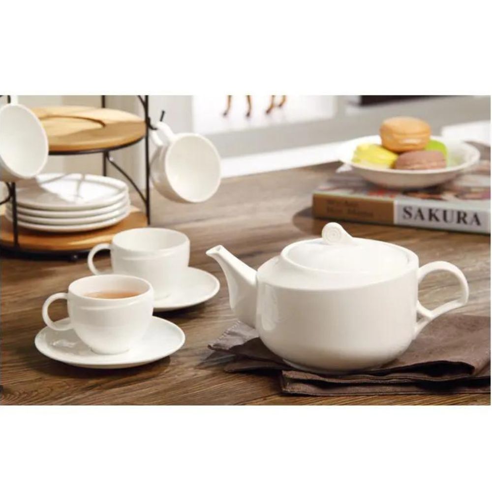 Imperial Curved Style Porcelain Tea Pot with Tea Tray 6pc Set
