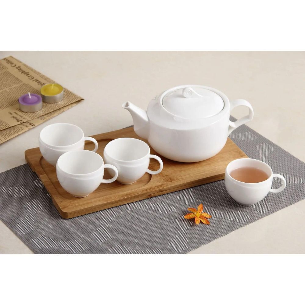 Imperial Curved Style Porcelain Tea Pot with Tea Tray 6pc Set