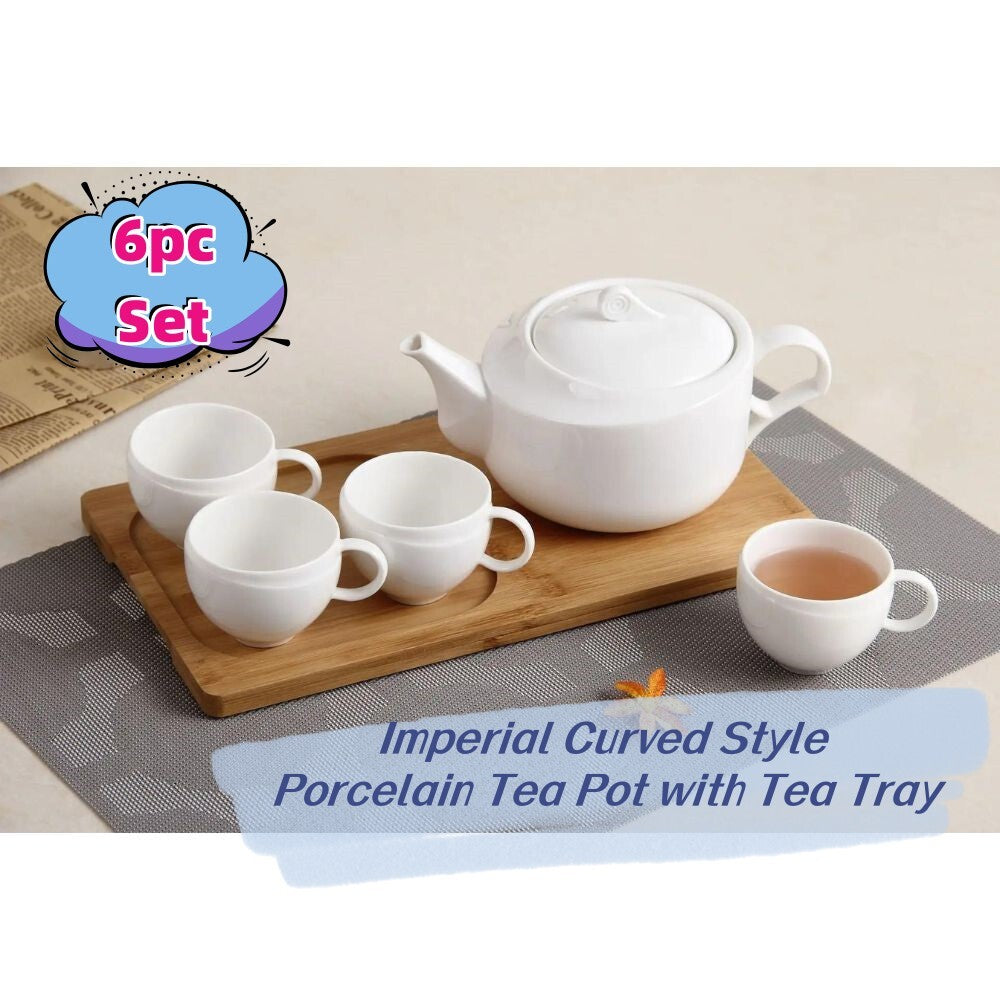 Imperial Curved Style Porcelain Tea Pot with Tea Tray 6pc Set