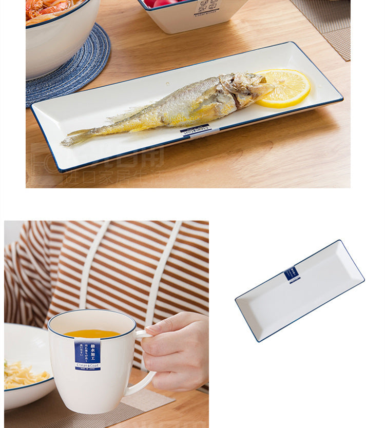 Pearl Life Rectangle Sushi Plate White with Navy 25cm