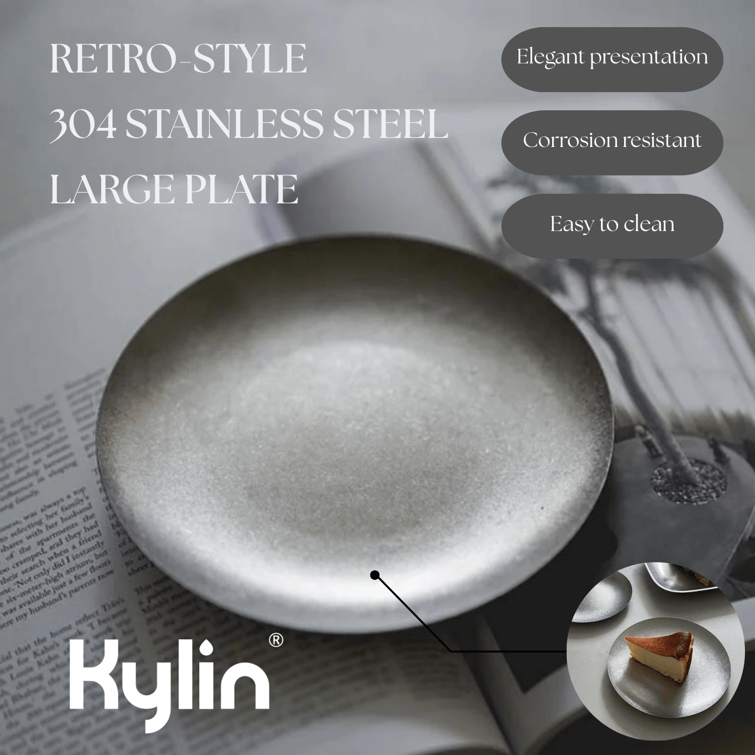 Kylin Korean Retro-Style 304 Stainless Steel Large Plate 26cm