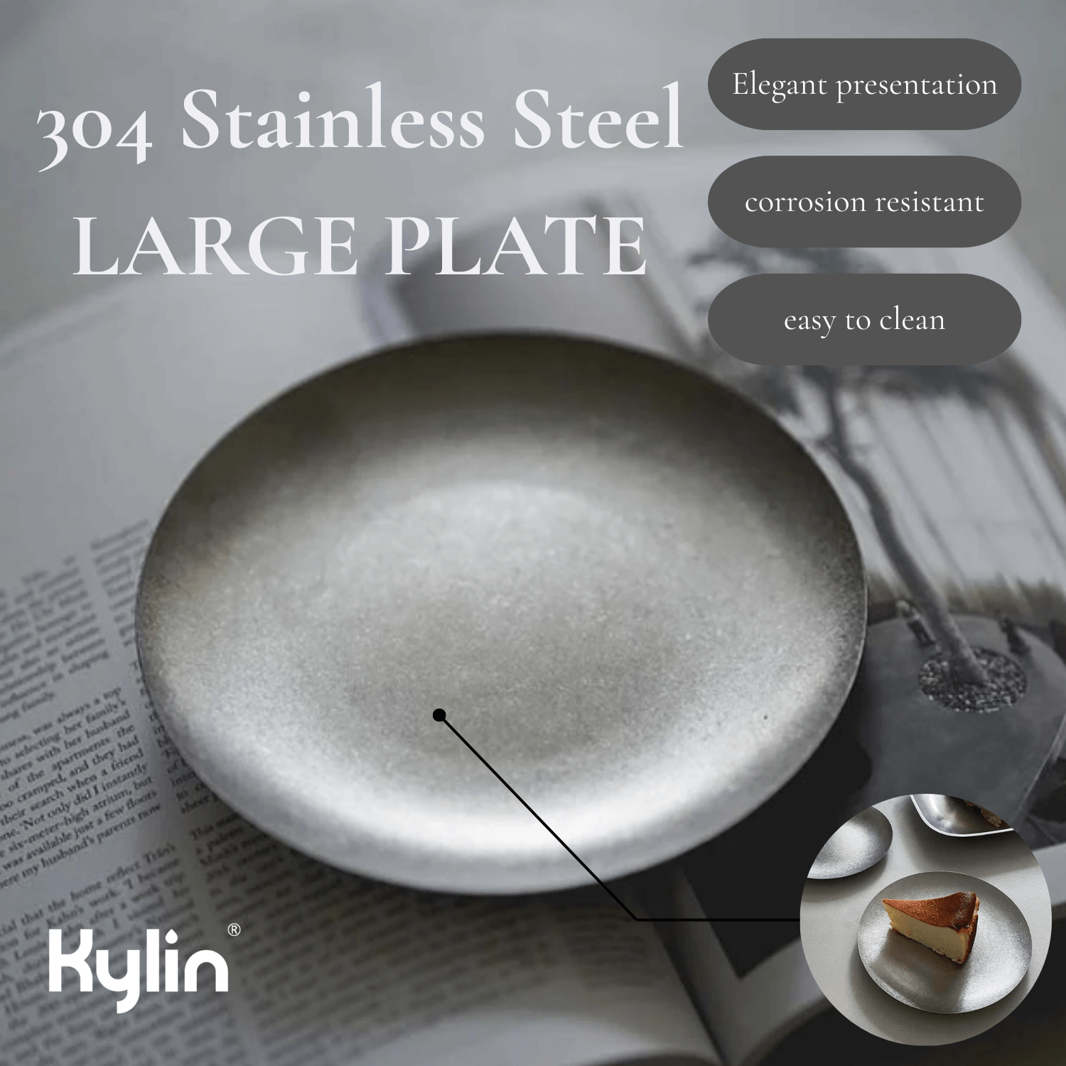 Kylin Korean Retro-Style 304 Stainless Steel Large Plate 30cm