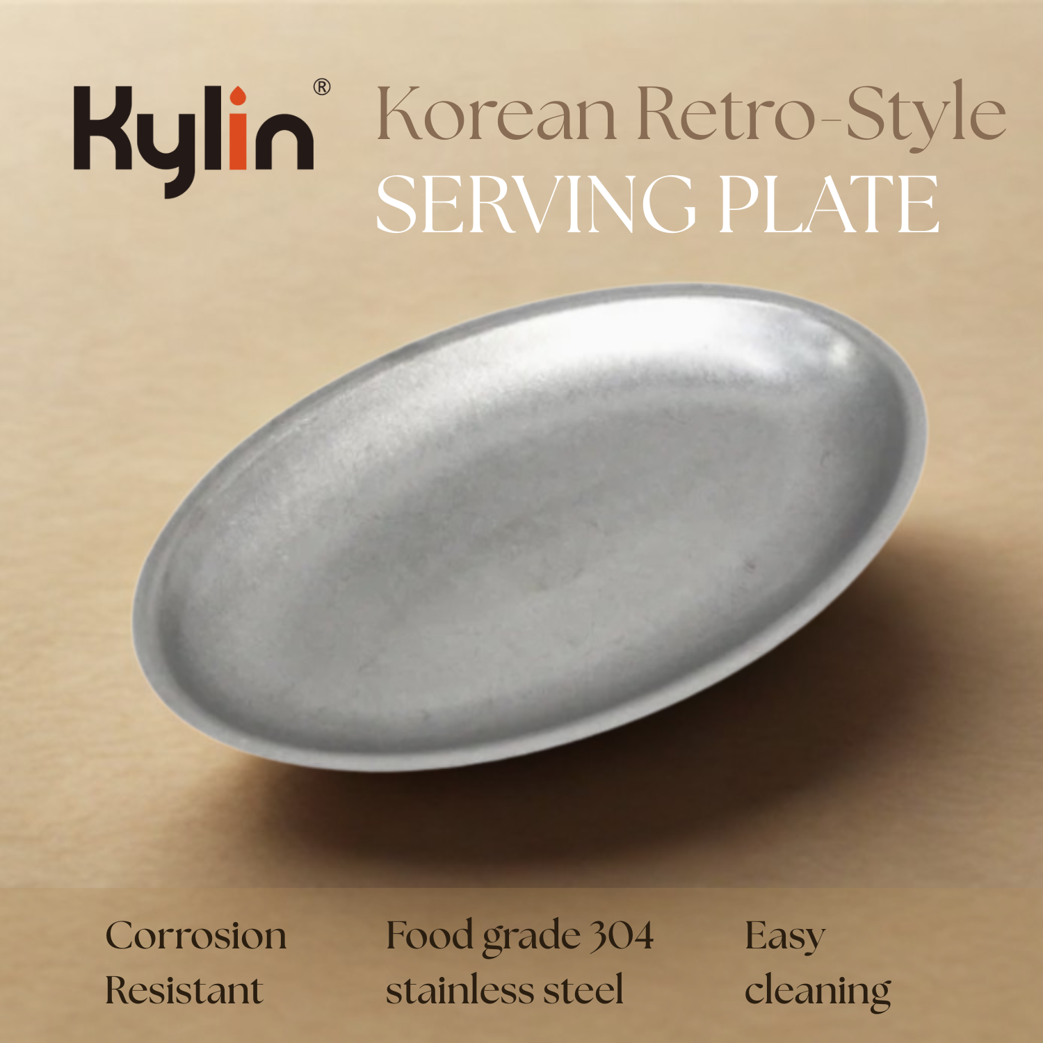Kylin Korean Retro-Style 304 Stainless Steel Oval Serving Plate 30cm