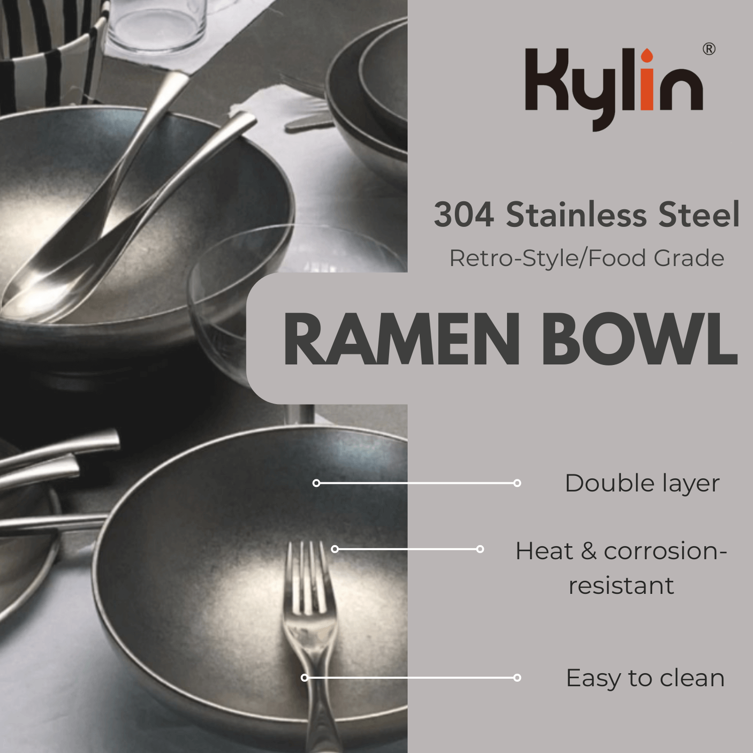 Kylin Retro-Style 304 Stainless Steel Double-Layer Ramen Bowl 20cm