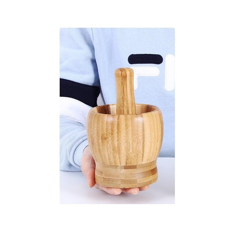 THRJ Bamboo Mortar & Pestle Garlic Spice & Herb Crusher Salad - Three Sizes Available