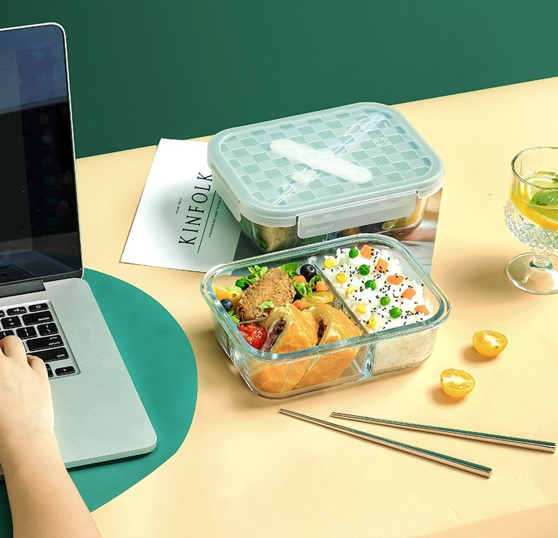 Robo Dubai Glass Lunch  3 Compartments Box Food Container with Spoon 1L White/Green
