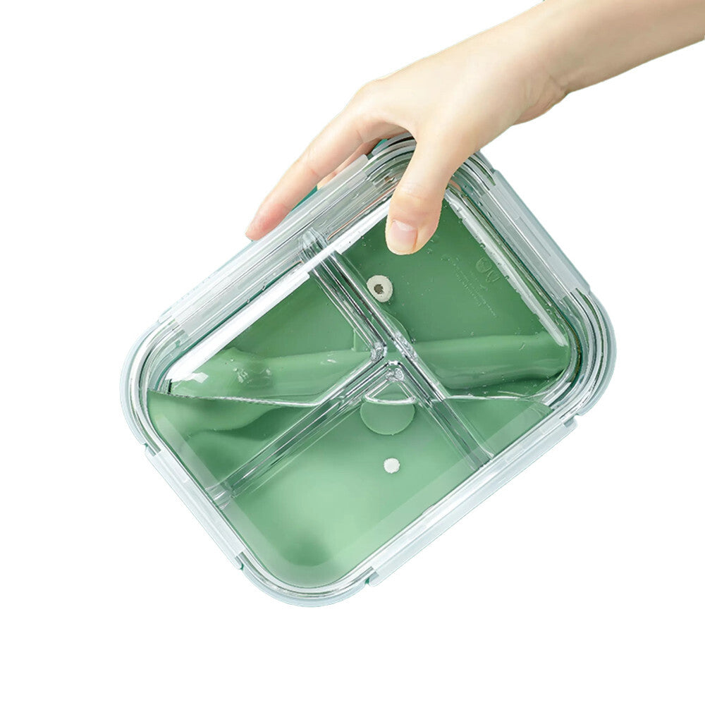Robo Dubai Glass Lunch  3 Compartments Box Food Container with Spoon 1L White/Green