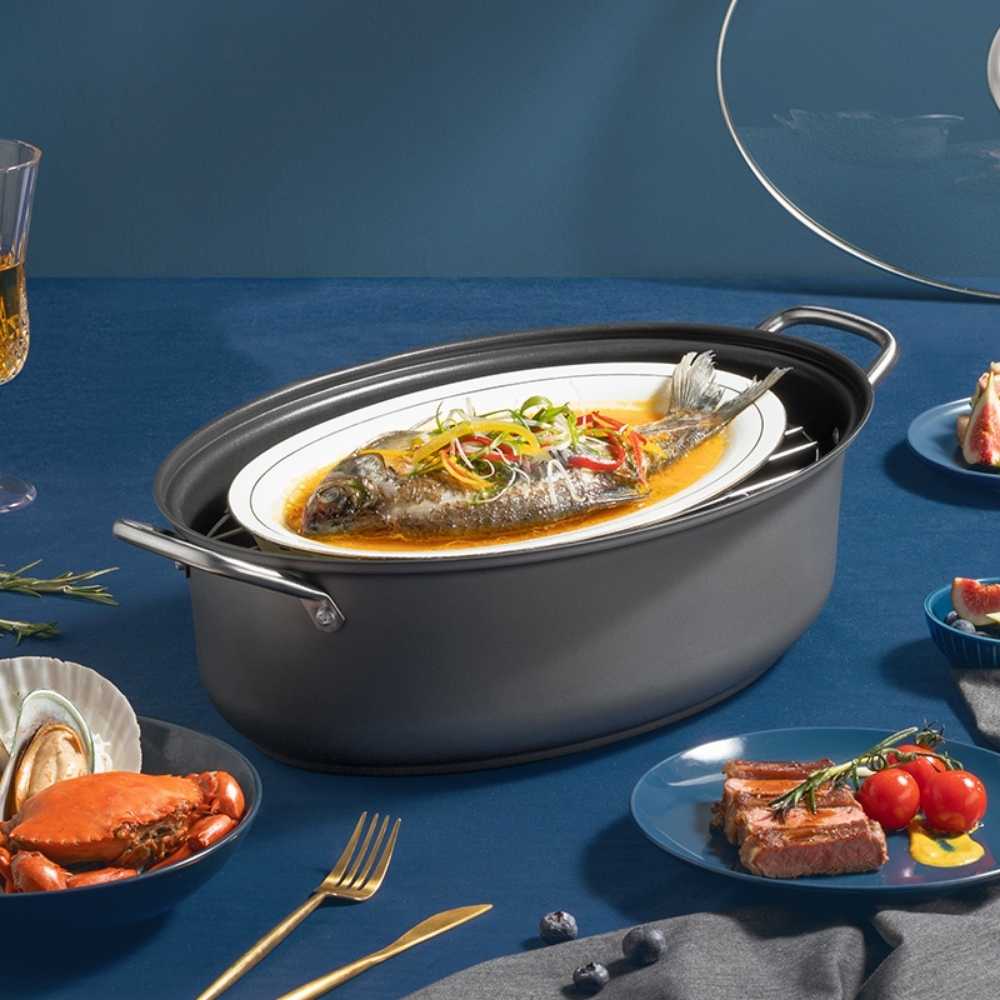 Cooker King 39cm Multifunction Deep Fish Steamer Roaster Pot with Glass Lid and Rack