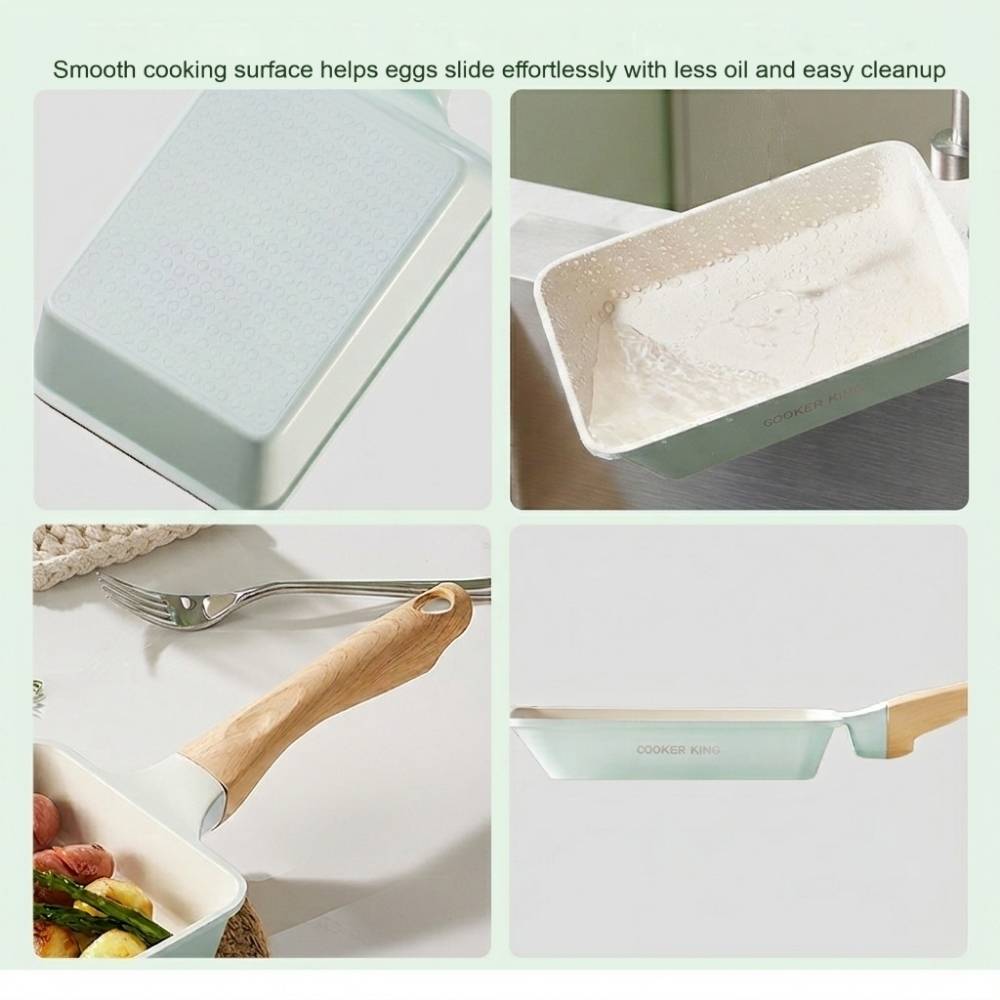 Cooker King Ceramic Non Stick Tamagoyaki Omelette Pan with Wooden Stay Cool Handle