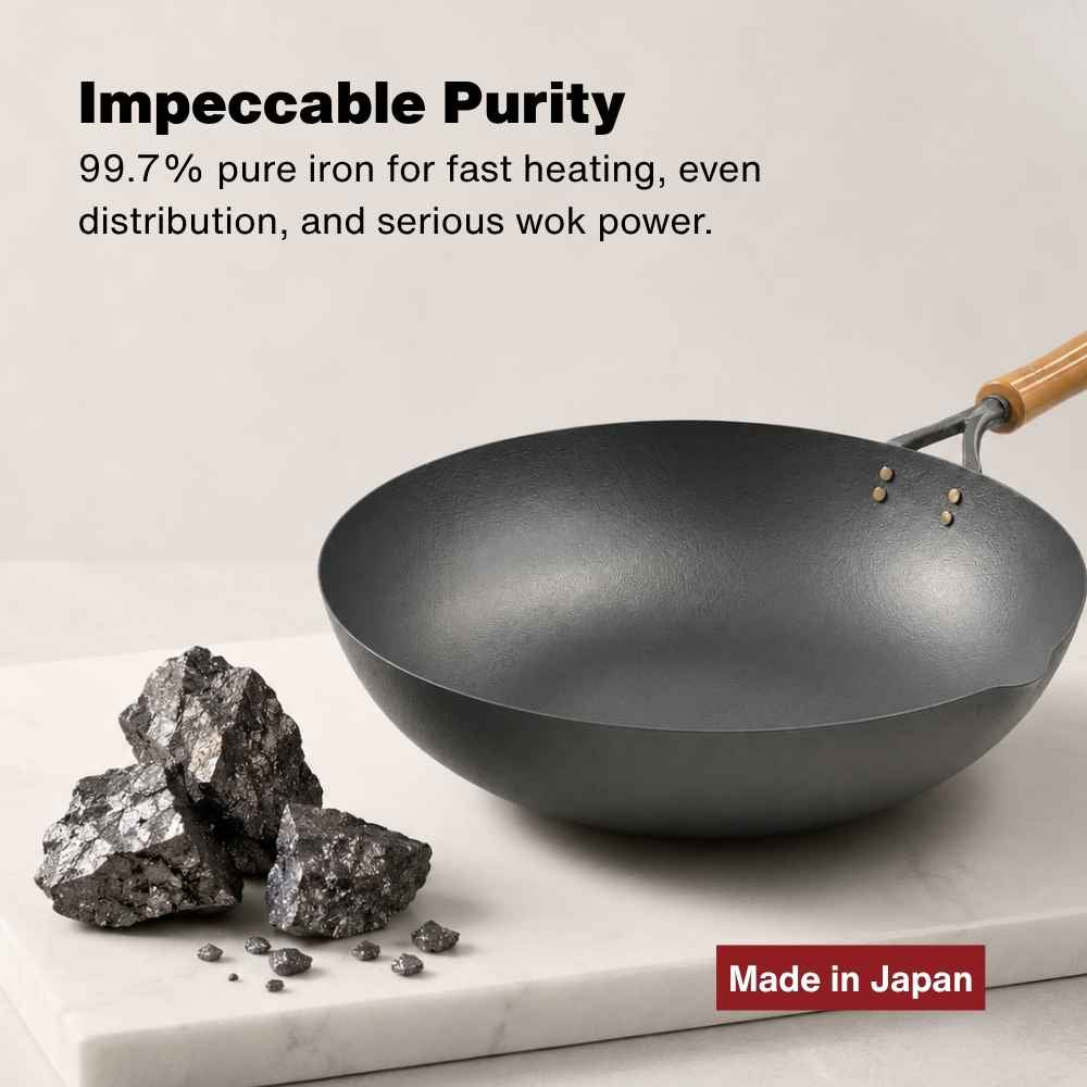 Kirameki Pure Iron Double Fiber Line Stir Fry Wok Made In Japan