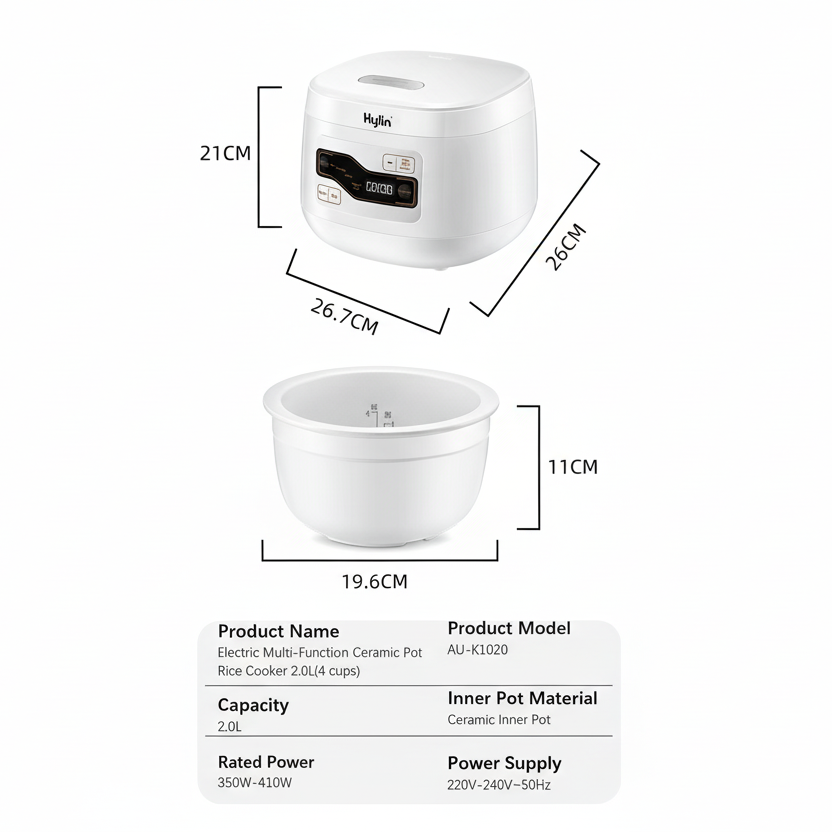 Kylin Electric No Coating Ceramic 4 Cups Rice Cooker 2L White AU-K1020